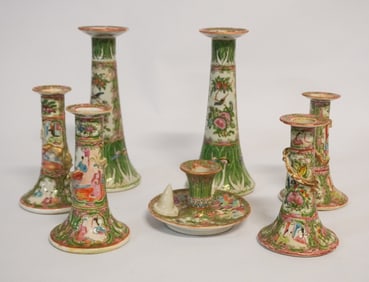 Collection Antique Chinese Export Rose Medallion Porcelain Candlesticks