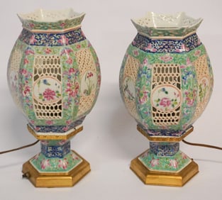 Excellent Pair Antique Chinese Republic Period Porcelain Lanterns