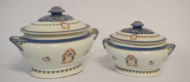 Two Fine Antique Chinese Export Porcelain Lidded Soup Tureens