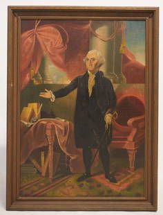 American School Portrait of George Washington: Mid 19th century.The Lansdowne Painting American portrait of Washington standing in a stately setting. Brilliantly rendered and framed in period frame. No apparent signature. H48" W35 1/2" Sold from t