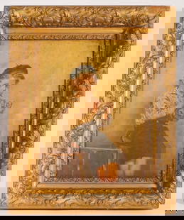 European School: 19th century. Oil on canvas portrait of a young man playing flute or piccolo atop a table with a fig falling from this pocket. Framed in period gilt frame. Framed: H17 3/4" W14 1/4" Sold from the coll