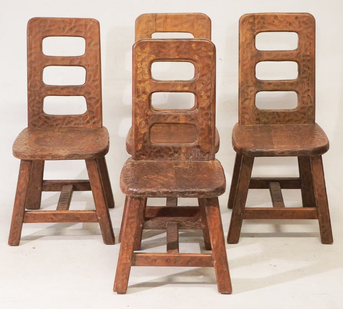 Charming Set Arts & Crafts Period Carved Oak Dining Chairs: Mid 20th century most likely. Very interesting set of chairs having excellent form. Nice and sturdy, ready to use. H37" W16" D16"