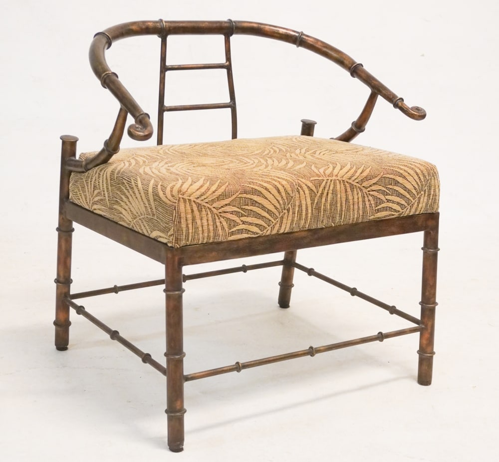 Fine Metal Faux Bamboo Arm Chair by Pengelly for Mastercraft: Brilliantly designed chair having fine chinoiserie surface and brilliantly formed. Well kept upholstery in good condition throughout ready to use. H29 1/4" W28 1/2" D20" Sold from the collection of a
