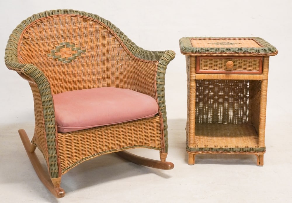 Vintage Deco Painted Wicker Arm Chair & Side Cabinet (1 of 3)