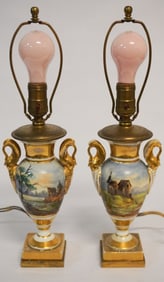 Handsome Pair French Empire Old Paris Porcelain Urns Converted to Lamps