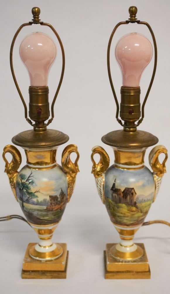 Handsome Pair French Empire Old Paris Porcelain Urns Converted to Lamps (1 of 3)