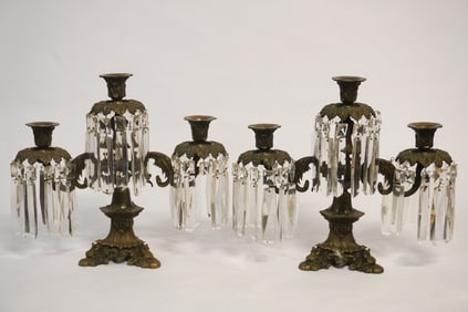 Excellent Pair Classical Bronze & Crystal Candelabra