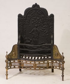 Excellent Period George III Cast Iron & Brass Fire Back Grate & Stand