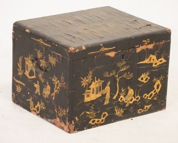 Antique Chinese Export Black Lacquer Decorated Storage Box