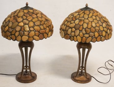 Handsome Pair Mid Century Deco Stone Lamp Shades & Lamps