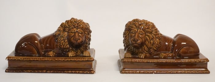 Fine Pair British Rockingham Figural Pottery Boxes