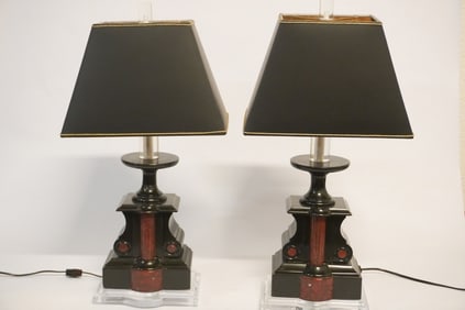 Brilliant Pair Art Deco Slate Marble & Lucite Table Lamps