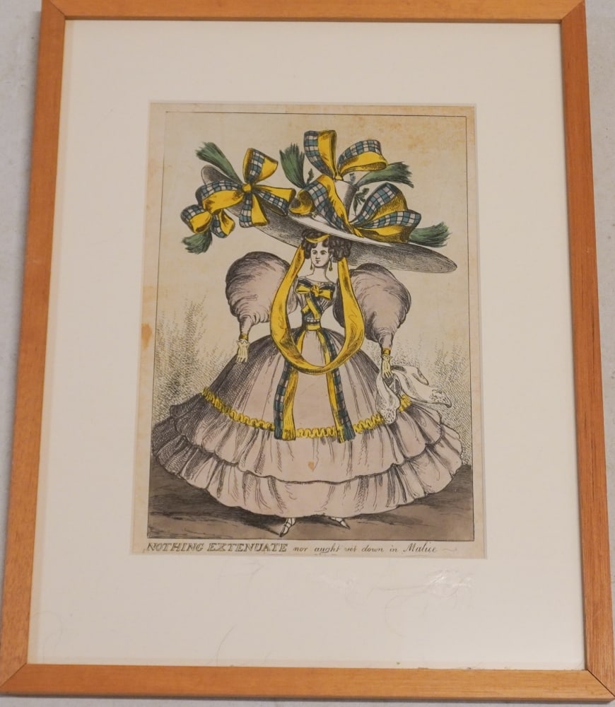 Circa 1820 Hand Colored Engraving Satirical Fashion Image: Brilliantly colored titled, "Nothing Extenuate, nor aught set down in Malice." Framed nicely good overall condition. Framed: H21 1/2" W16 3/4" Sold from the collection of a Charleston lady and gentlem