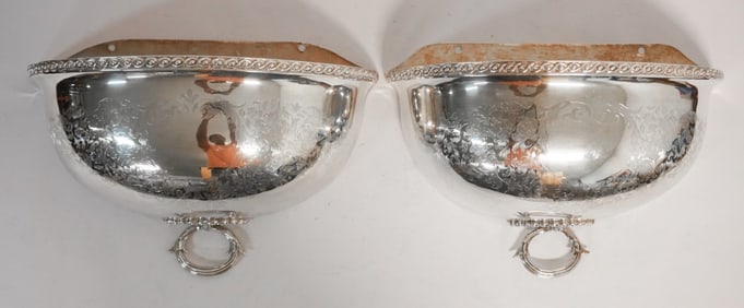 Excellent Pair English Edwardian Sheffield Silver Plate Wall Planters or Pockets