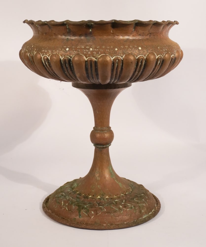 Handsome Arts & Crafts Hammered Copper Centerpiece of a Large Size: Early 20th century, likely Europe. Nice larger size hand forged example atop a flared foot. Nice patina throughout. H14" W12 1/2" Sold from the collection of a Griffin, Georgia gentleman.