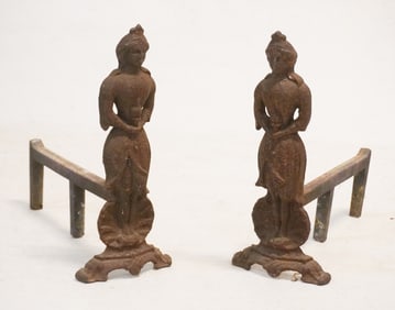 Fine Pair Antique Cast Iron Figural Native American Andirons