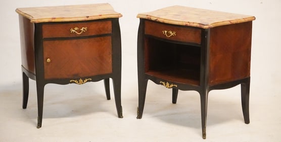 Charming Pair French Marble Top King Wood Side Cabinets