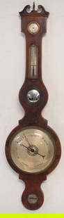 Excellent English George III Inlaid Mahogany Wall Barometer: Circa 1800 by J. Hughes of London. Very handsome barometer having broken arch pediment centered by finial over the case having been nicely baned at its edges and centered with dials along with convex