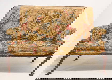 Exceptional English Queen Anne Carved & Upholstered Mahogany Settee or Sofa: Circa 1760. Having exceptional Flemish tapestry upholstery dating to the 18th century as well. Brilliant form atop very handsomely carved legs. Sturdy shape ready to be used. H48" W64" D36" Sold from
