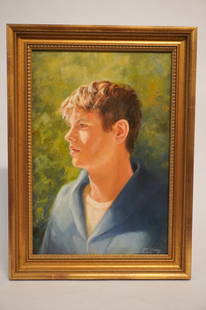 John C Henry: (B. 1925, South Carolina) Oil on canvas portrait of a young man, singed lower right. Framed nicely and in good well kept condition. Framed: H22 5/8" W16 5/8" Sold to benefit the Horry County Museum.