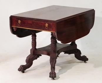 Very Fine American Neoclassical Carved & Figured Mahogany Drop Leaf Table