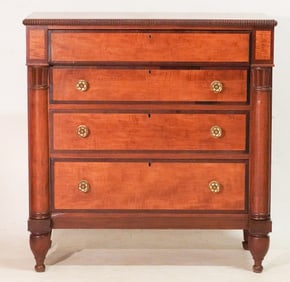 Very Handsome American Federal Carved Walnut & Tiger Maple Chest of Drawers