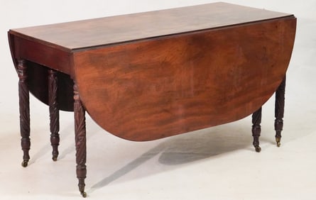 Excellent American Classical Carved & Figured Mahogany Drop Leaf Table