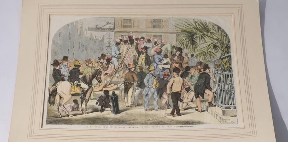 19th Century Hand Colored Engraving of Charleston Slave Sale at Market (1 of 2)