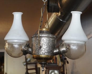 Fine Antique Hanging Double Light Kerosene Lamp by Angel Lamp Co