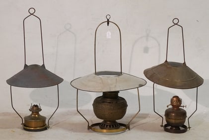 Collection Three Antique Hanging Brass Kerosene Lamps With Shades