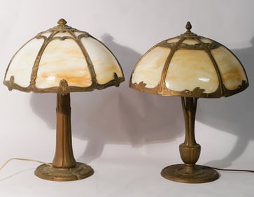 Two Antique Arts & Crafts Slag Glass Table Lamps By Miller