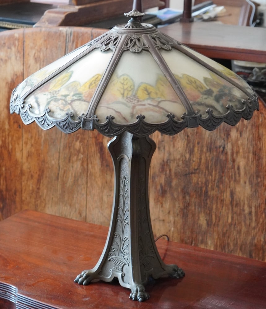 Handsome Arts & Crafts Period Slag Glass Reverse Painted Table Lamp (1 of 3)