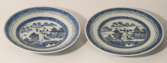 Two Antique Chinese Blue & White Porcelain Circular Platters