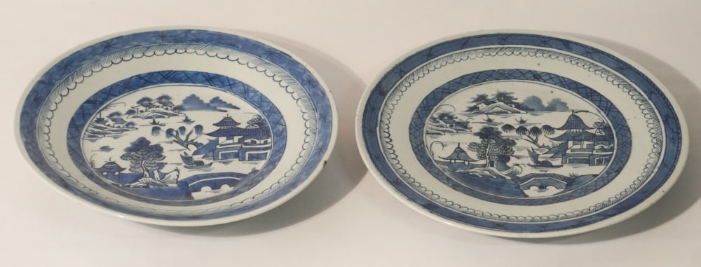 Two Antique Chinese Blue & White Porcelain Circular Platters: 19th century. Nice larger size circular plates each having a fine bold decorated ground. Good, well kept condition. W12 1/8" Sold from the collection of a Charleston, South Carolina gentleman.
