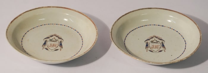 Pair Antique Chinese Export Armorial Porcelain Dishes