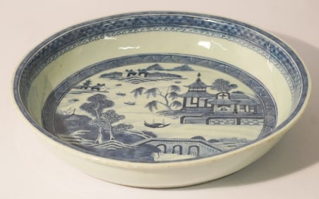 Uncommon Antique Chinese Export Blue & White Canton Cake Bowl