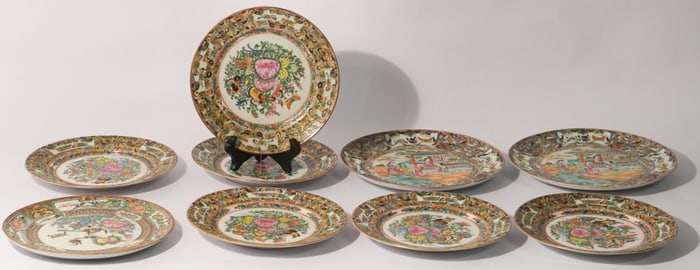 Handsome Collection of Antique Chinese Black Butterfly Rose Medallion Porcelain