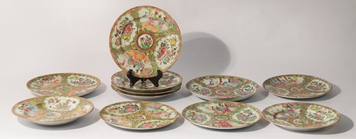 Set Antique Chinese Export Rose Medallion Porcelain Dishes