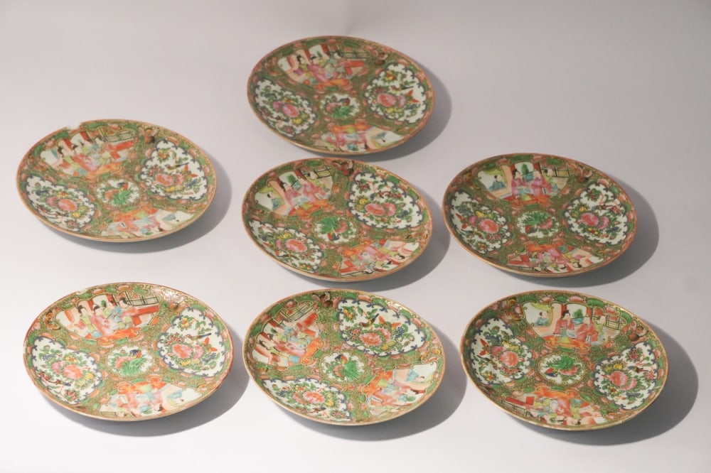 Fine Collection Antique Chinese Export Rose Medallion Porcelain Dishes: 19th century group of very nicely decorated dishes in well kept condition. 7 total pieces W7" Sold from the collection of a Charleston gentleman.
