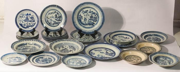 Collection Antique Chinese Export Blue & White Canton Porcelain Dishes