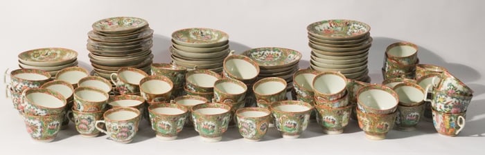 Large Set Antique Chinese Export Rose Medallion Porcelain Cups & Saucers