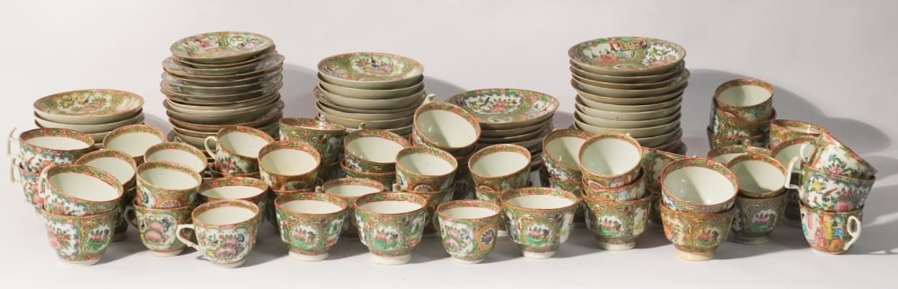 Large Set Antique Chinese Export Rose Medallion Porcelain Cups & Saucers (1 of 3)