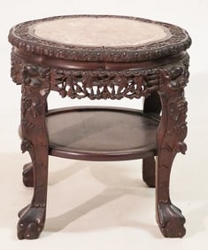 Antique Chinese Carved Hardwood Marble Top Side Table or Stand