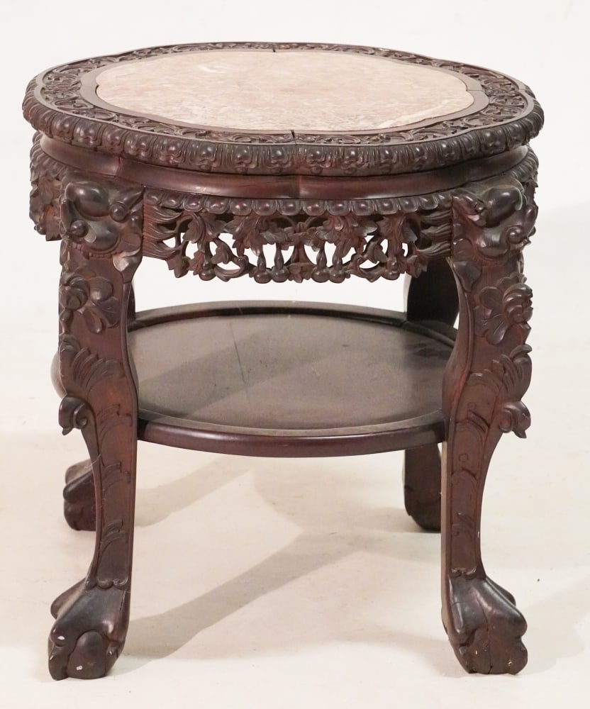 Antique Chinese Carved Hardwood Marble Top Side Table or Stand (1 of 2)