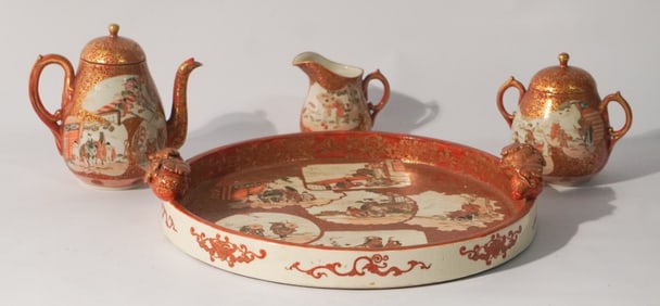 Very Fine Antique Japanese Satsuma Porcelain Tea Service With Tray