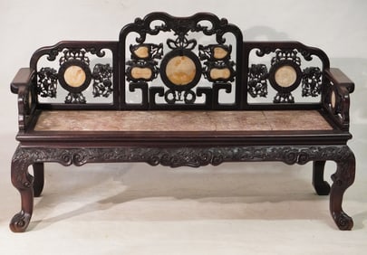 Very Fine Antique Chinese Qing Period Carved Rosewood & Marble Settee