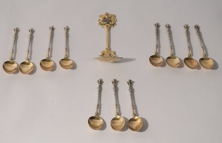 Interesting Set Antique European Silver Spoons Along with Tea Straining Spoon