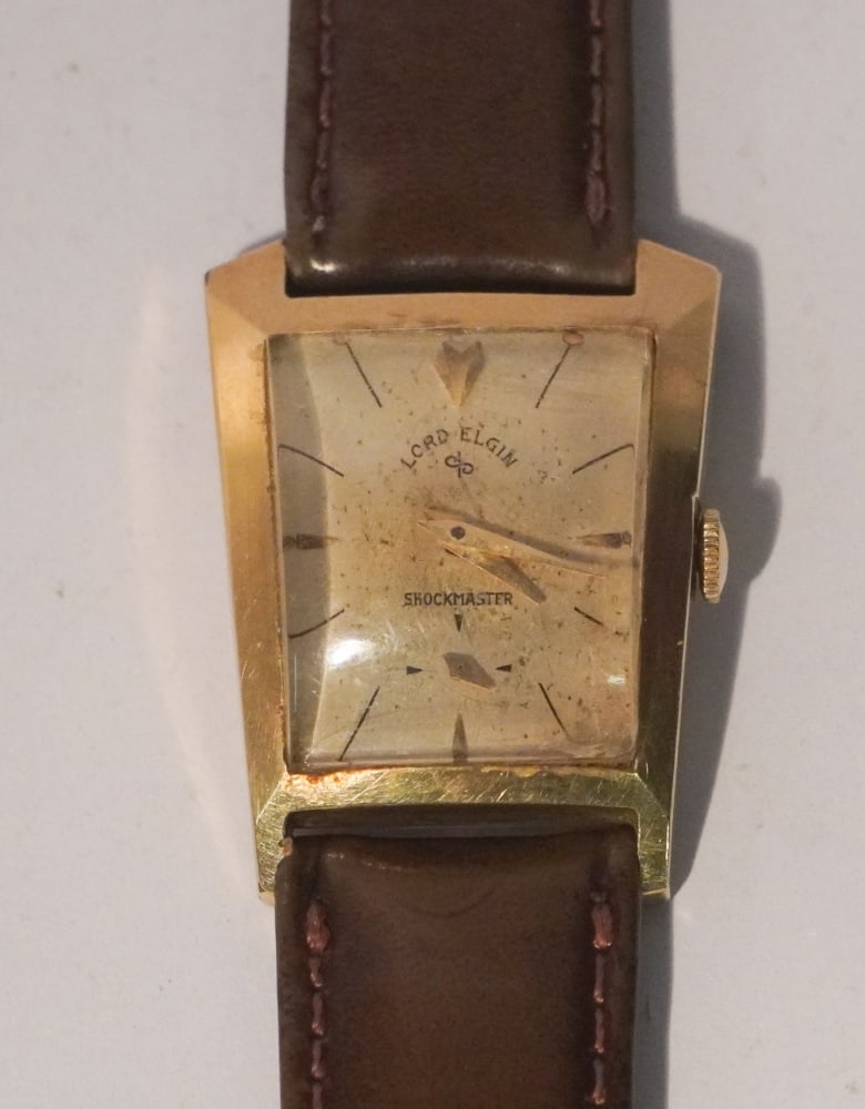 Handsome Lord Elgin Art Deco Shockmaster Wristwatch: Mid 20th century. Very handsome piece in good clean condition and running here in the gallery. W1 1/8"