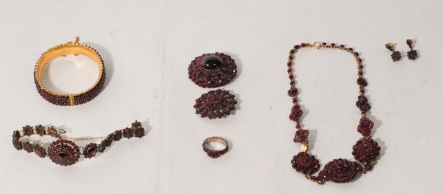 Antique Victorian Bohemian Garnet & Gilded Silver Jewelry Suite