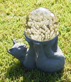 Charming Deco Style Lifesize Lead Garden Figural Cat with Blown Glass Orb
